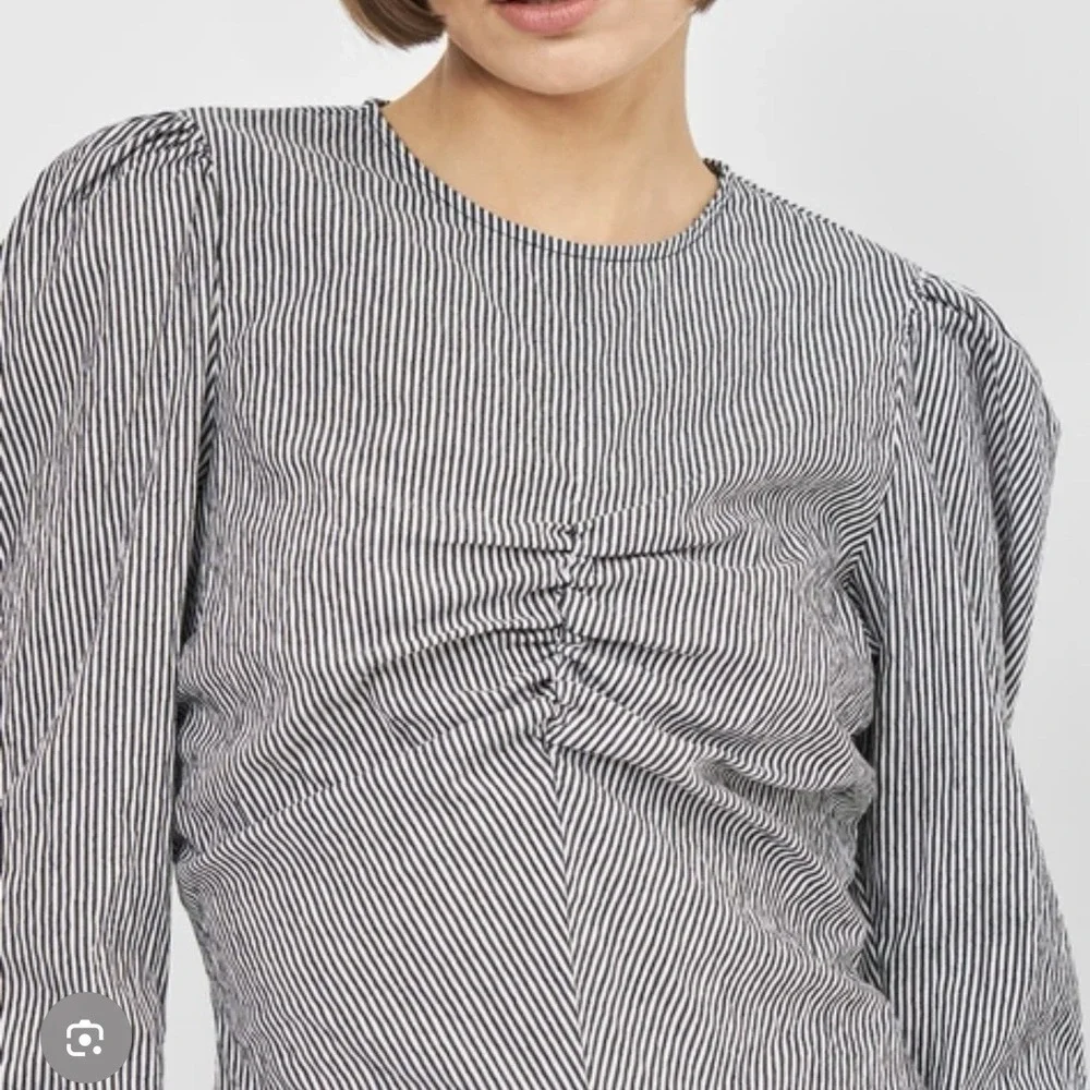 Zara Ruched Pinstripe Blouse M Puff Sleeve Regency Office Siren Structured Top